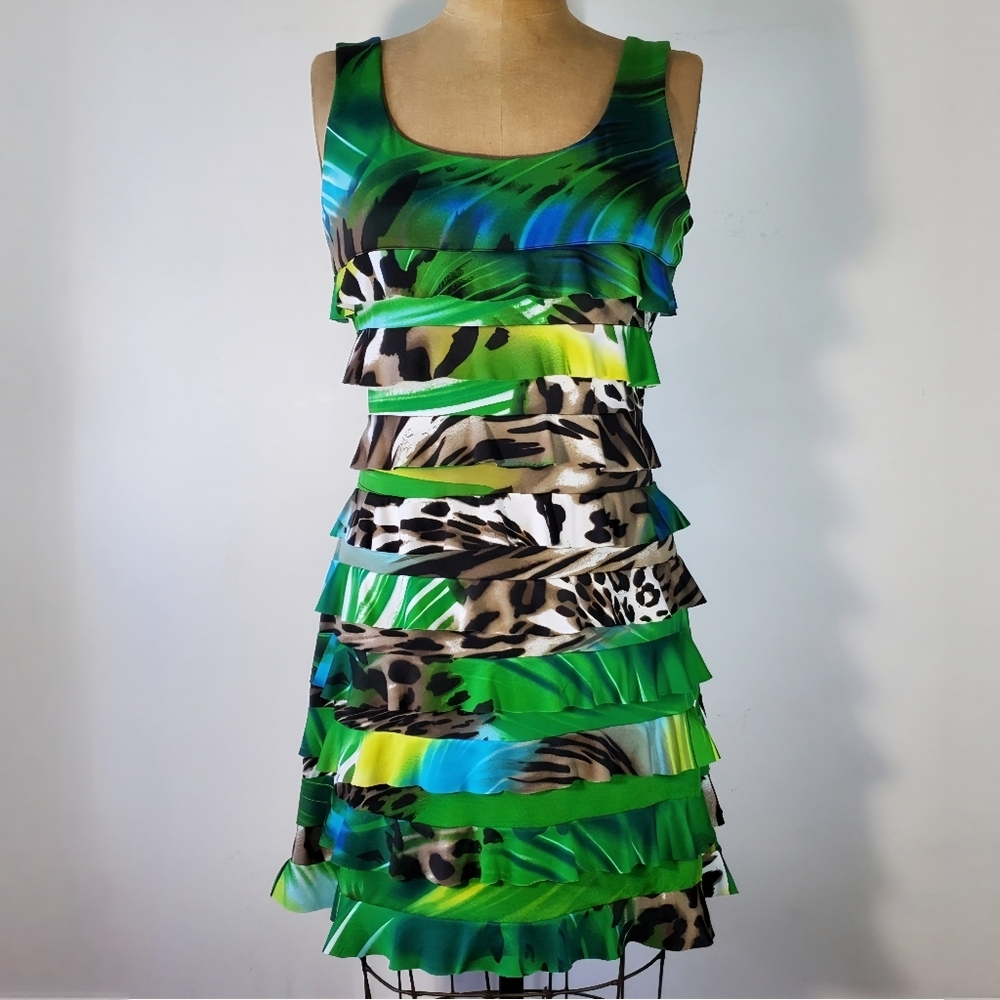 Vinrouge Size L Vintage Dress Green Ruffle Tropical Jungle Animal Print Stretchy